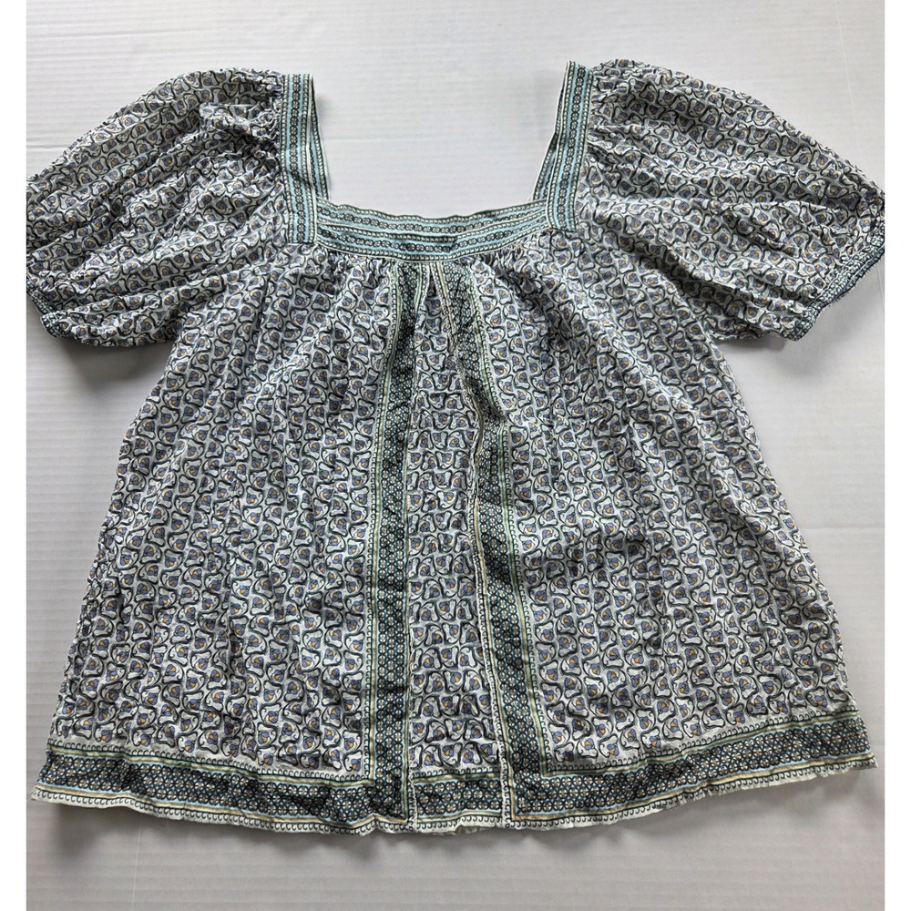 Max Studio London XL Blue Floral Puff Sleeve Square Neck Cotton Rayon Blouse